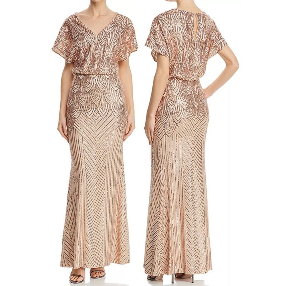 BETSY & ADAM Sequinned V Neck best flapper Gown NEW